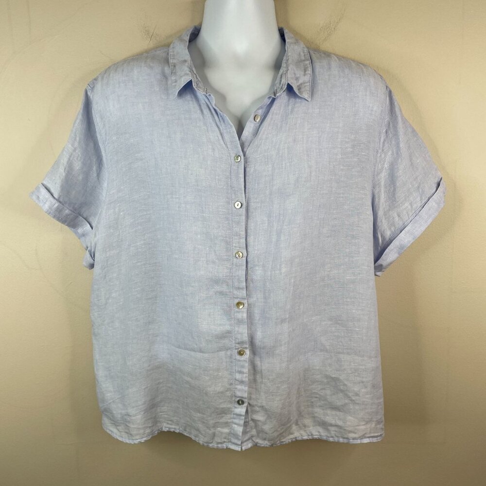 Tahari 100% LINEN Shell Button Up Top XL Ice Blue BEACHY COASTAL Short Sleeve